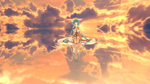 Anime picture 1920x1080 with vocaloid hatsune miku kotomutsu single highres wide image sky cloud (clouds) eyes closed very long hair traditional clothes japanese clothes green hair kneeling evening reflection sunset praying girl water