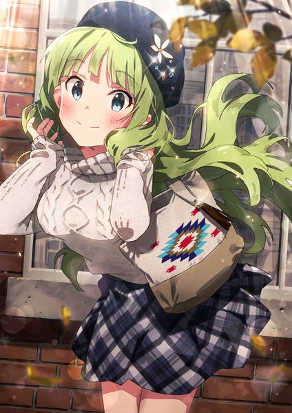 Anime picture 849x1200 with idolmaster idolmaster million live! shimabara elena sonsoso single long hair tall image looking at viewer blush fringe smile blunt bangs long sleeves aqua eyes green hair sunlight leaning leaning forward plaid skirt girl