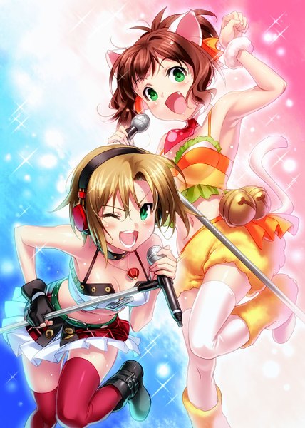 Anime picture 900x1262 with idolmaster idolmaster cinderella girls maekawa miku tada riina zen (kamuro) tall image blush short hair breasts open mouth smile brown hair bare shoulders multiple girls green eyes animal ears ponytail tail animal tail one eye closed