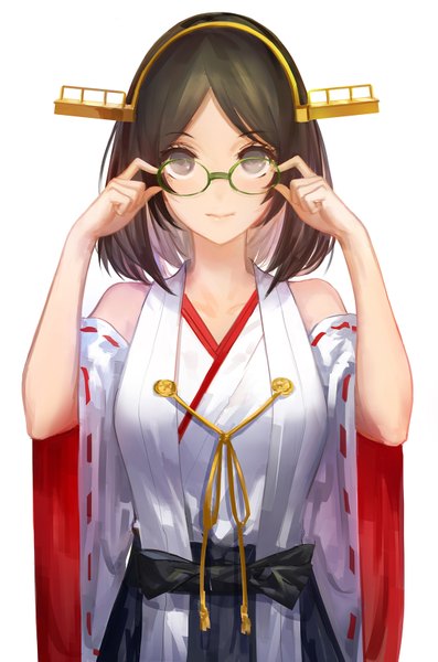 Anime picture 1100x1661 with kantai collection kirishima battleship kinven single tall image looking at viewer fringe short hair black hair traditional clothes japanese clothes black eyes miko nontraditional miko adjusting glasses girl bow detached sleeves glasses headdress