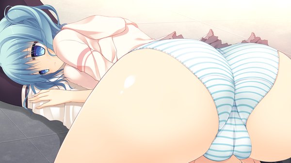 Anime picture 1280x720 with sora tobu hitsuji to manatsu no hana kirisame yuu hazumi rio long hair blush breasts blue eyes light erotic wide image large breasts twintails blue hair game cg ass bare legs spread legs embarrassed cameltoe girl boy