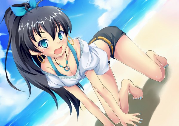 Anime picture 1024x723 with idolmaster ganaha hibiki marisasu (marisa0904) long hair blush open mouth blue eyes light erotic black hair cloud (clouds) ponytail nail polish barefoot teeth fang (fangs) beach girl earrings shorts pendant