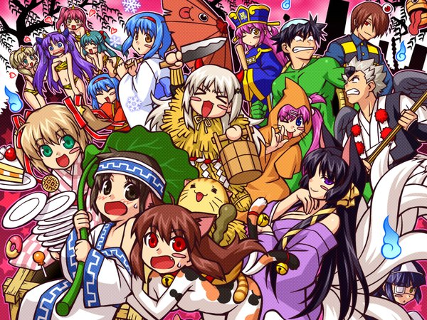 Anime picture 1600x1200 with little busters! urusei yatsura key (studio) lum zen (kamuro) highres halloween cosplay animal print everyone tiger print lum (cosplay)