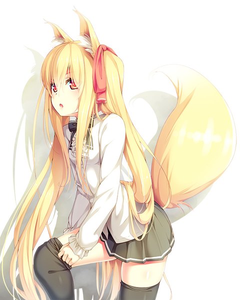 Anime picture 680x850 with original peragura single tall image blush fringe breasts open mouth simple background blonde hair hair between eyes red eyes white background twintails animal ears bent knee (knees) tail very long hair animal tail pleated skirt