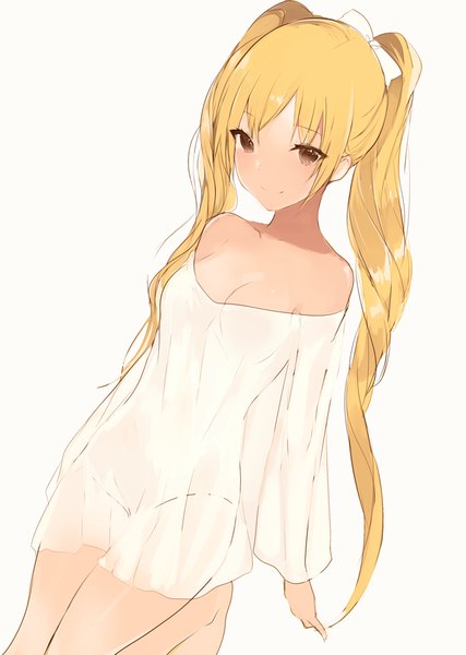 Anime picture 650x914 with original lpip single long hair tall image looking at viewer blush fringe breasts light erotic blonde hair simple background smile white background twintails bare shoulders brown eyes payot cleavage long sleeves