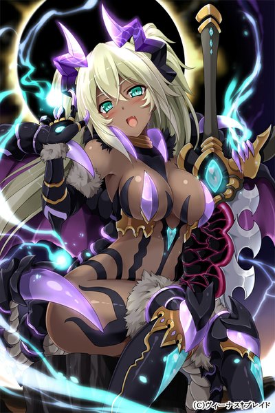 Anime picture 640x960 with venus blade hisenkaede single long hair tall image looking at viewer blush breasts open mouth light erotic blonde hair large breasts sitting bare shoulders holding signed aqua eyes open clothes alternate costume dark skin