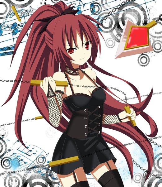 Anime picture 2893x3328 with mahou shoujo madoka magica shaft (studio) sakura kyouko single long hair tall image highres red eyes red hair girl thighhighs weapon black thighhighs