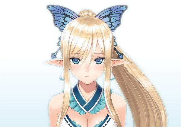 Anime picture 1817x1284 with shining (series) shining resonance kirika towa alma tony taka single looking at viewer blush highres open mouth blue eyes blonde hair ponytail very long hair pointy ears official art elf girl hair ornament bow hair bow
