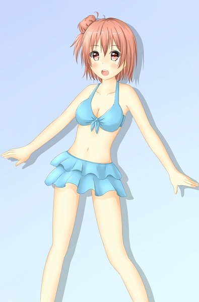 Anime picture 580x880 with yahari ore no seishun love comedy wa machigatteiru. brains base (studio) yuigahama yui tear yu single tall image looking at viewer fringe short hair breasts open mouth simple background smile standing pink hair pink eyes bare belly girl navel swimsuit