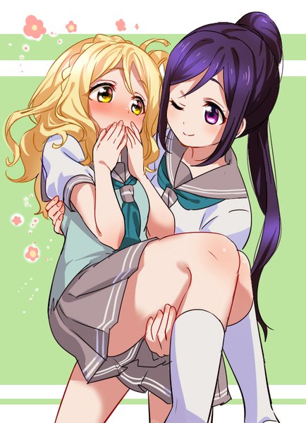 Anime picture 594x821 with love live! sunshine!! sunrise (studio) love live! matsuura kanan ohara mari yumesaki nana long hair tall image blush fringe blonde hair multiple girls yellow eyes looking away ponytail pleated skirt one eye closed wink embarrassed shoujo ai