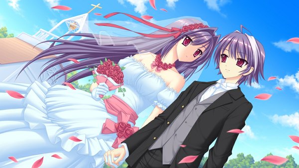 Anime picture 1024x576 with shion no ketsuzoku (game) long hair short hair red eyes wide image game cg purple hair couple girl dress boy flower (flowers) wedding dress