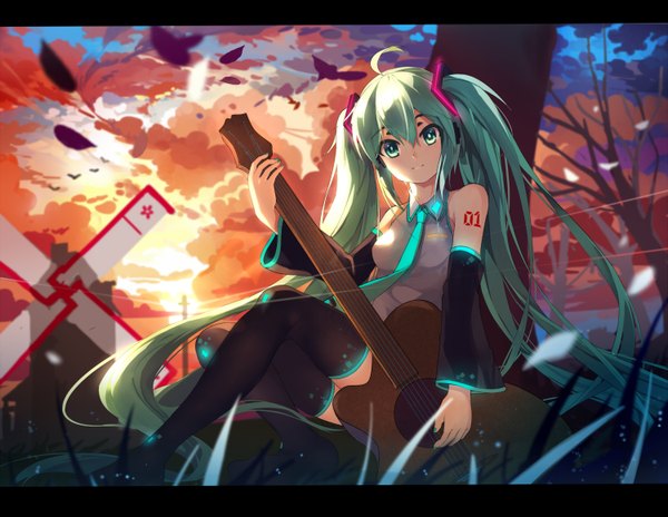 Anime picture 1500x1162 with vocaloid hatsune miku baisi shaonian single looking at viewer sitting twintails sky cloud (clouds) ahoge very long hair aqua eyes aqua hair tattoo letterboxed girl plant (plants) detached sleeves petals tree (trees)