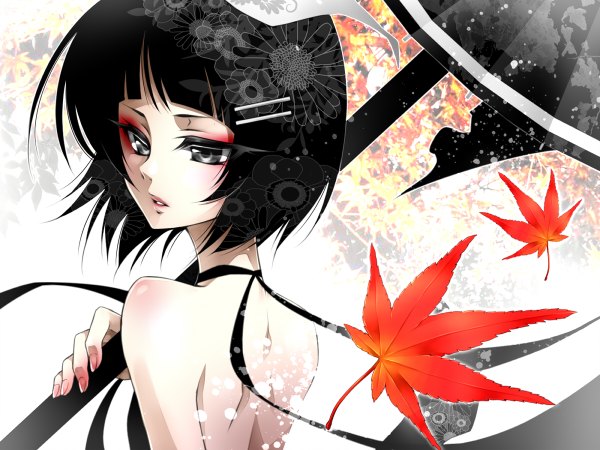 Anime picture 1200x900 with vocaloid kagamine rin ueno tsuki short hair black hair bare shoulders looking back black eyes wallpaper back eyeshadow autumn girl hair ornament leaf (leaves) umbrella hairpin (hairpins)