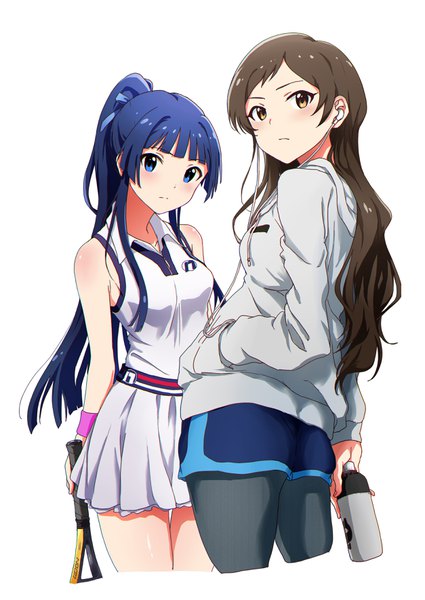 Anime picture 2507x3541 with idolmaster idolmaster million live! kitazawa shiho mogami shizuka ayano yuu (sonma 1426) long hair tall image looking at viewer blush highres blue eyes simple background brown hair white background bare shoulders multiple girls brown eyes payot blue hair ponytail