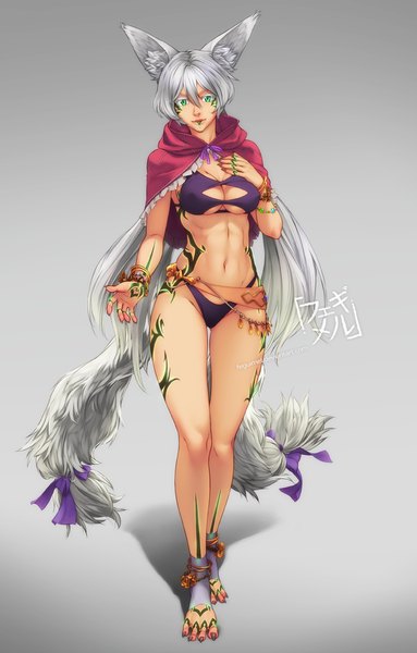 Anime picture 800x1252 with original feguimel single long hair tall image looking at viewer fringe breasts light erotic simple background standing green eyes animal ears silver hair tail nail polish animal tail fingernails lips grey background