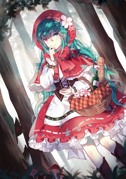 Anime picture 777x1099 with little red riding hood project diva project diva 2nd vocaloid hatsune miku big bad wolf domotolain single long hair tall image blush blue eyes red eyes looking away aqua hair heterochromia glowing finger to mouth glowing eye (eyes) little red riding hood (cosplay)