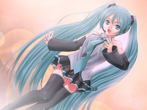 Anime picture 1024x768 with vocaloid hatsune miku mode (artist) long hair twintails bare shoulders nail polish aqua eyes aqua hair zettai ryouiki girl thighhighs skirt detached sleeves necktie boots headphones thigh boots microphone