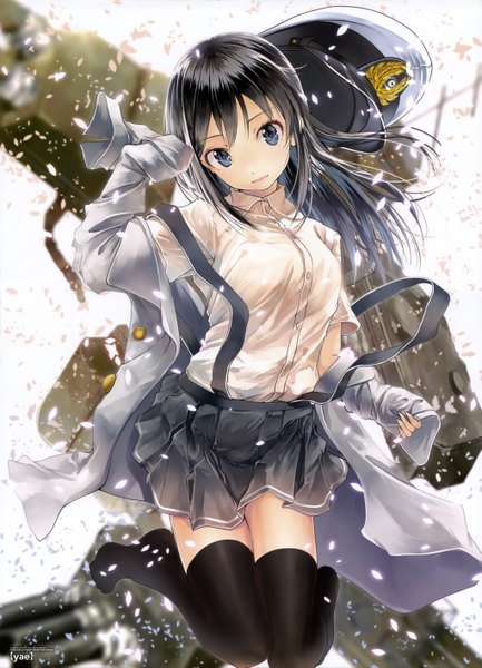 Anime picture 4081x5658 with kantai collection asashio destroyer yae (mono110) single long hair tall image looking at viewer highres black hair absurdres scan grey eyes zettai ryouiki jumping hands in sleeves girl thighhighs skirt weapon black thighhighs