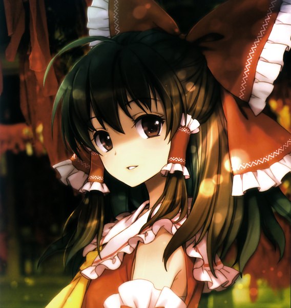 Anime picture 1998x2110 with touhou gensou kaikyou (artbook) hakurei reimu an2a single tall image looking at viewer highres short hair brown hair brown eyes ahoge portrait face miko girl bow hair bow