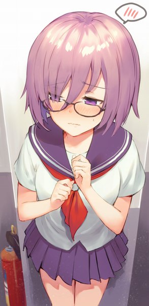 Anime picture 501x1024 with fate (series) fate/grand order mash kyrielight haru (hiyori-kohal) single tall image blush short hair standing purple eyes looking away purple hair pleated skirt from above embarrassed girl skirt uniform glasses serafuku