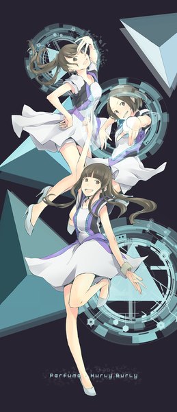 Anime picture 950x2200 with perfume (group) ayano omoto (nocchi) yuka kashino (kashiyuka) ayaka ishiwaki (a-chan) yoshito (u10) long hair tall image looking at viewer blush fringe short hair open mouth smile brown hair multiple girls brown eyes bent knee (knees) ponytail high heels copyright name