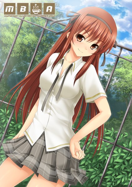 Anime picture 1653x2338 with original kopianget single long hair tall image blush smile brown hair brown eyes sky cloud (clouds) pleated skirt inscription hand on hip girl uniform ribbon (ribbons) plant (plants) hair ribbon school uniform