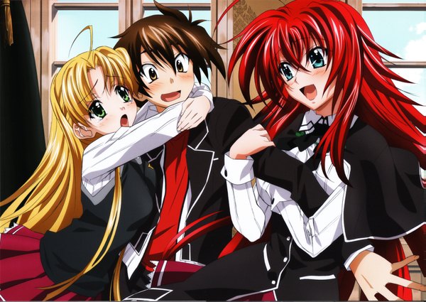 Anime picture 6994x4961 with highschool dxd rias gremory asia argento hyoudou issei miyama zero mishima hiroji long hair blush highres short hair open mouth blue eyes blonde hair brown hair multiple girls brown eyes green eyes absurdres red hair scan