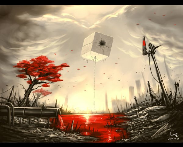 Anime picture 1200x967 with original gia signed cloud (clouds) city letterboxed no people ruins surreal plant (plants) tree (trees) cube