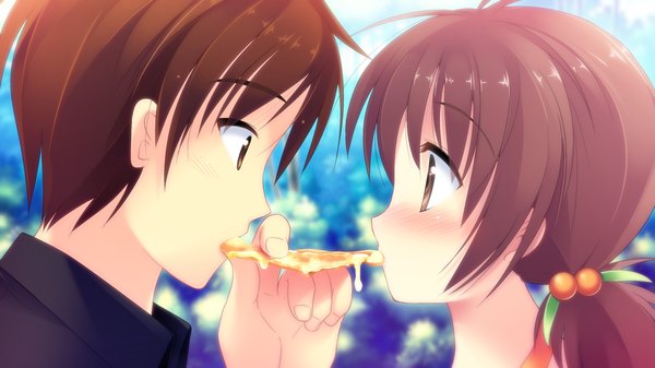 Anime picture 2048x1152 with shinsei ni shite okasubekarazu (game) kashimura misao watari masahito blush highres short hair brown hair wide image brown eyes game cg couple girl boy