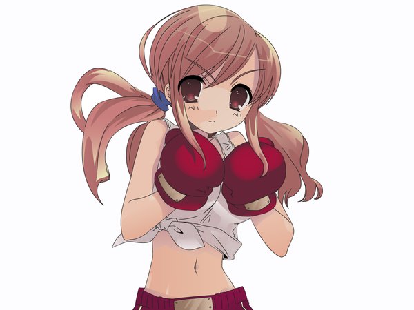 Anime picture 2061x1546 with suzumiya haruhi no yuutsu kyoto animation asahina mikuru single long hair looking at viewer fringe highres simple background brown hair white background twintails brown eyes bare belly vector boxing girl navel scrunchie hair tie