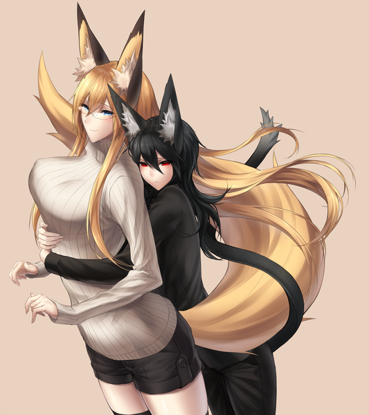 Anime picture 1066x1200 with original sigma99 long hair tall image blush breasts blue eyes black hair simple background blonde hair red eyes large breasts multiple girls animal ears tail animal tail hug girl 2 girls glasses