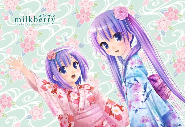 Anime picture 1000x688 with lucky star kyoto animation hiiragi kagami hiiragi tsukasa kisaragi miyu long hair looking at viewer blush short hair open mouth blue eyes twintails multiple girls purple hair traditional clothes japanese clothes hair flower floral background girl hair ornament