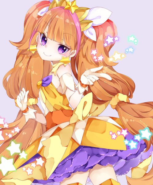 Anime picture 747x900 with precure go! princess precure toei animation amanogawa kirara cure twinkle chico152 single long hair tall image blush fringe simple background smile standing purple eyes bare shoulders looking back orange hair pink background girl