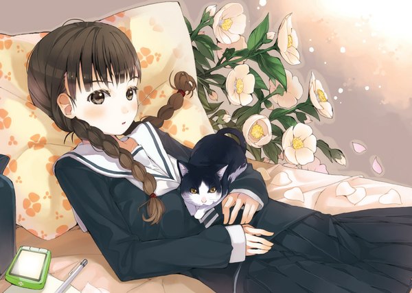 Anime picture 1162x827 with original amamiya chiharu long hair black hair red eyes braid (braids) twin braids girl flower (flowers) serafuku cat