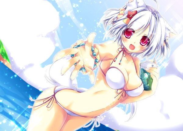 Anime picture 1200x858 with touhou inubashiri momiji hikanyan blush short hair breasts open mouth light erotic animal ears cloud (clouds) white hair tail animal tail pink eyes wolf ears wolf tail wolf girl girl navel swimsuit