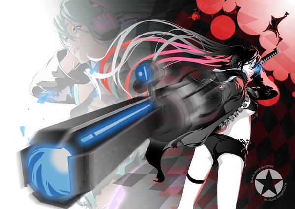 Anime picture 2000x1414 with black rock shooter vocaloid hatsune miku black rock shooter (character) highres twintails girl headphones bujin