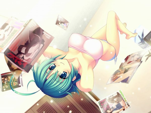 Anime picture 1024x768 with the shapeshifter ildana lafada short hair blue eyes light erotic game cg ahoge green hair underwear only girl underwear panties