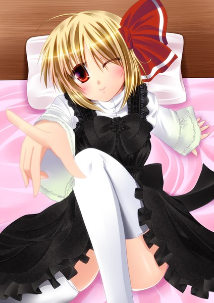 Anime picture 1131x1600 with touhou rumia fule single tall image blush short hair blonde hair red eyes one eye closed wink girl thighhighs dress white thighhighs