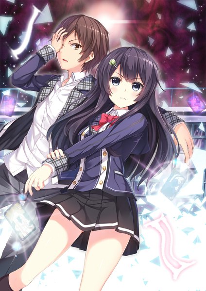 Anime picture 800x1132 with noe noel long hair tall image short hair blue eyes black hair brown eyes couple girl boy skirt uniform school uniform socks black socks card (cards)