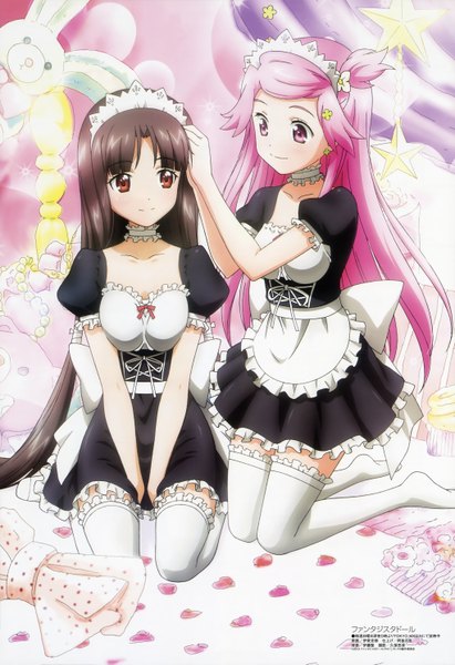 Anime picture 4087x5956 with fantasista doll megami magazine shimeji (fantasista doll) aloe (fantasista doll) itou katsunobu long hair tall image highres black hair red eyes multiple girls pink hair absurdres pink eyes official art maid girl thighhighs dress 2 girls