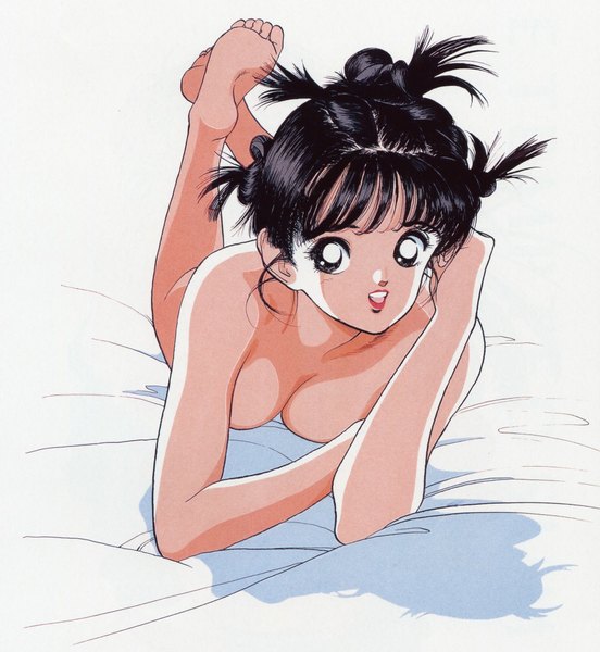 Anime picture 1024x1113 with ujin single tall image short hair breasts light erotic black hair simple background white background lying black eyes scan shadow lipstick on stomach girl