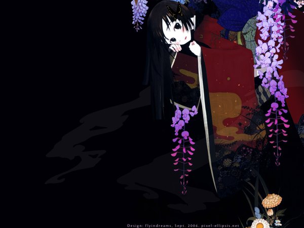 Anime picture 1600x1200 with okama single long hair blush black hair japanese clothes black eyes black background girl flower (flowers) plant (plants) kimono insect butterfly wisteria