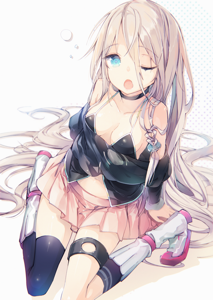 Anime picture 2000x2824 with vocaloid ia (vocaloid) yatsuha (hachiyoh) single tall image looking at viewer highres breasts open mouth blue eyes light erotic blonde hair bare shoulders braid (braids) very long hair pleated skirt one eye closed twin braids asymmetrical clothes girl