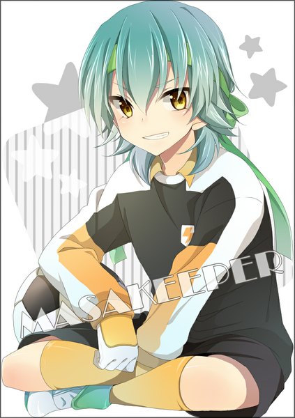 Anime picture 705x1000 with inazuma eleven inazuma eleven go kariya masaki izumi39 single tall image blush short hair smile sitting yellow eyes looking away aqua hair boy uniform hairband gym uniform