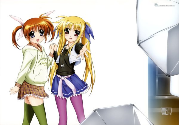 Anime picture 4210x2961 with mahou shoujo lyrical nanoha fate testarossa takamachi nanoha long hair highres short hair blue eyes blonde hair red eyes twintails multiple girls absurdres orange hair outstretched arm holding hands girl thighhighs 2 girls