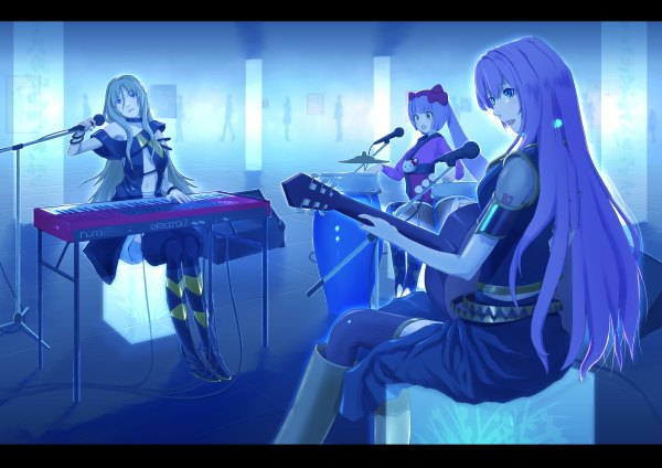 Anime picture 1200x848 with vocaloid megurine luka lily (vocaloid) nekomura iroha long hair blue eyes blonde hair multiple girls yellow eyes pink hair girl 3 girls microphone musical instrument microphone stand drum