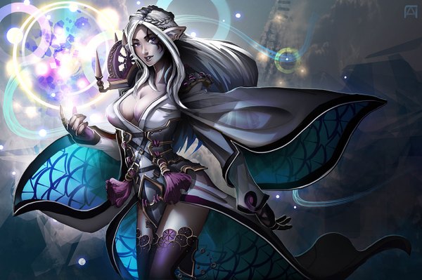 Anime picture 1280x853 with final fantasy final fantasy xiv square enix pechan (artist) single long hair looking at viewer breasts light erotic large breasts purple eyes cleavage pointy ears grey hair piercing magic ear piercing girl clothes