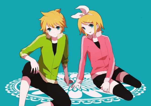 Anime picture 1300x920 with vocaloid kagamine rin kagamine len mo nako short hair simple background blonde hair smile sitting aqua eyes couple twins twisty sleeves brother and sister girl thighhighs boy hair ornament bow ribbon (ribbons)