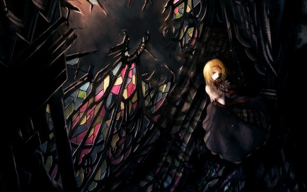 Anime picture 1440x900 with touhou alice margatroid archlich single looking at viewer short hair blonde hair red eyes wide image from above wallpaper broken glass girl headband stained glass