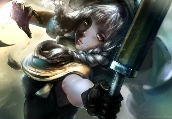 Anime picture 1300x904 with dragon's crown vanillaware elf (dragon's crown) umika sayoji single long hair looking at viewer fringe short hair simple background blonde hair holding brown eyes looking away white hair braid (braids) from above twin braids outstretched arm light